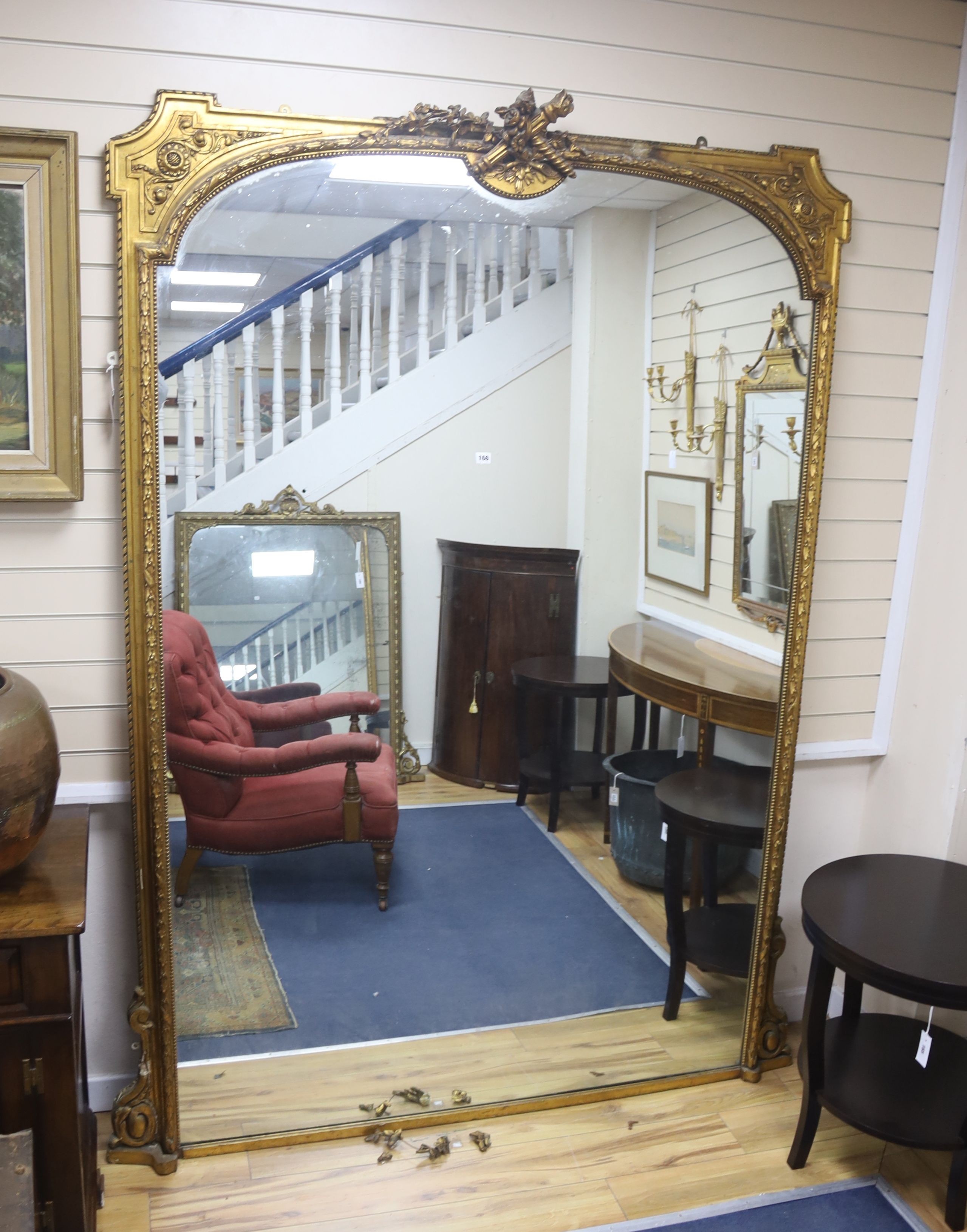 A large Victorian giltwood and gesso overmantel mirror, width 160cm, height 232cm